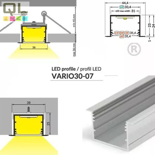 Topmet LED Profil VARIO30-07 süllyeszthető, 2m-es hosszban, eloxált "C9" "D9" "E9" "A9"