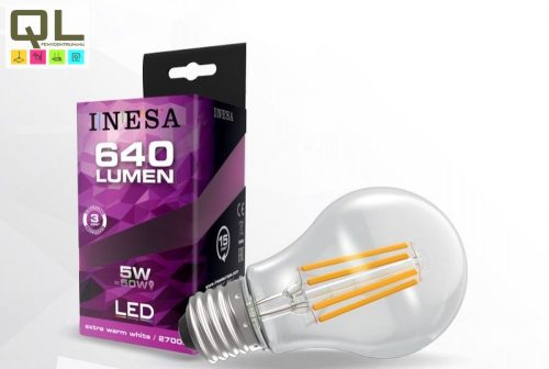 INESA LED 5W körte alakú Filament E27 640lm meleg fehér 2700K 60616 - !!!A termék értékesítése megszűnt!!!