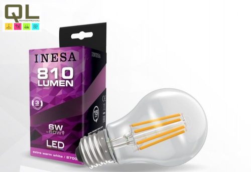 INESA LED izzó 6W körte alakú Filament meleg fehér E27 810lm 60617 - !!!A termék értékesítése megszűnt!!!
