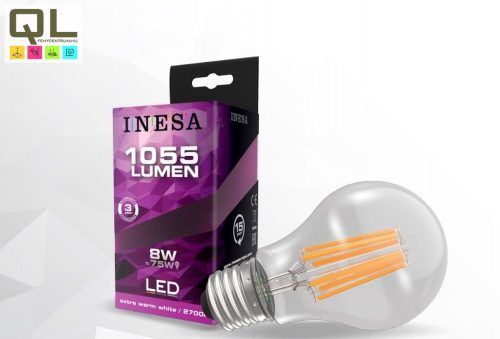 INESA LED izzó 8W körte alakú Filament meleg fehér E27 1055lm 60618 - !!!A termék értékesítése megszűnt!!!