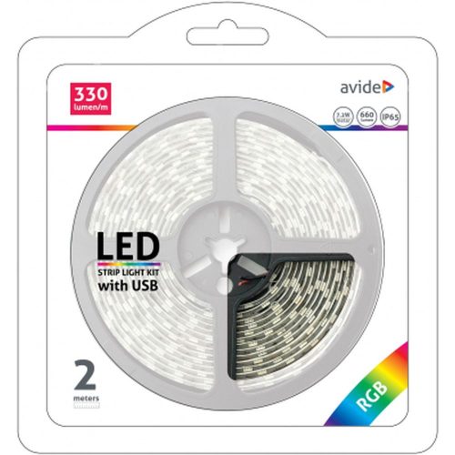 AVIDE LED szalag szett, 7,2W/m, RGB, 30LED/m, 660lm/m, 2m-es, 5V-os, vezérlővel, IP65 924281